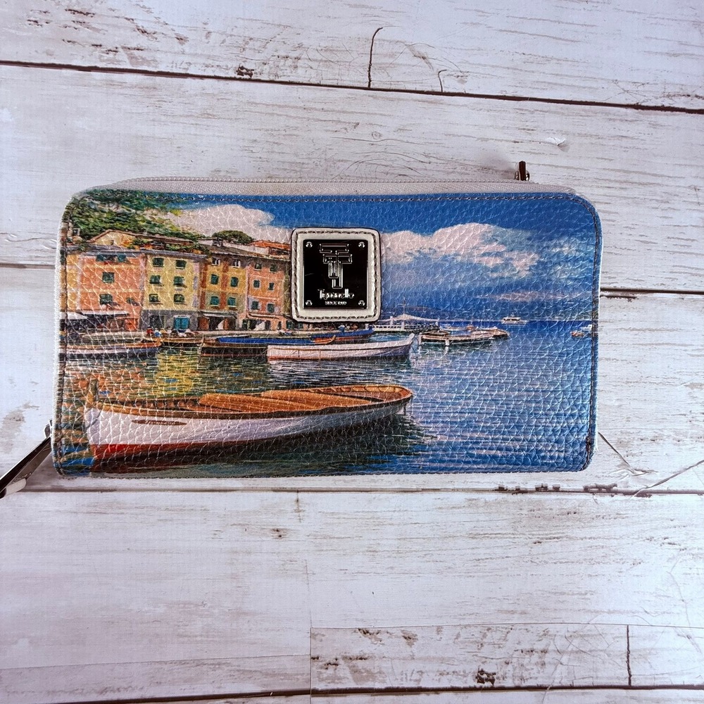 Tignanello Zip Around Wallet Harbor Scene Boat Graphic Multi Color Pebble Grain